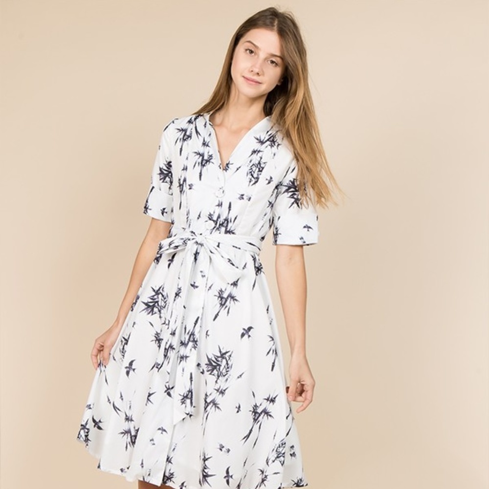Classy Short Sleeve Midi Bamboo Print Dress